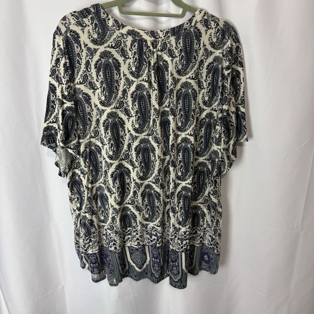 Rose & Olive Pullover Knit Blouse Shirt Cream Blue Paisley All Over 3X Pintuck - Picture 8 of 8